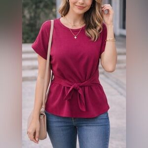 Express Dark Magenta Tie Waist Short Sleeve Knit Top Stretch Size Large